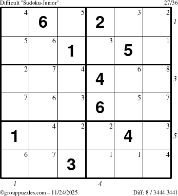 The grouppuzzles.com Difficult Sudoku-Junior puzzle for Monday November 24, 2025, suitable for printing, with all 8 steps marked