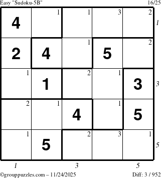 The grouppuzzles.com Easy Sudoku-5B puzzle for Monday November 24, 2025, suitable for printing, with all 3 steps marked