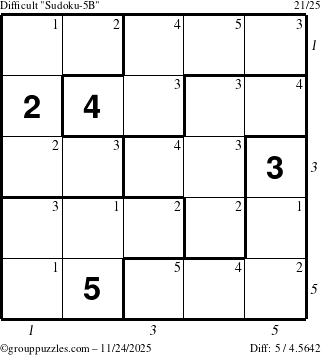 The grouppuzzles.com Difficult Sudoku-5B puzzle for Monday November 24, 2025, suitable for printing, with all 5 steps marked