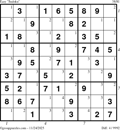 The grouppuzzles.com Easy Sudoku puzzle for Monday November 24, 2025, suitable for printing, with all 4 steps marked