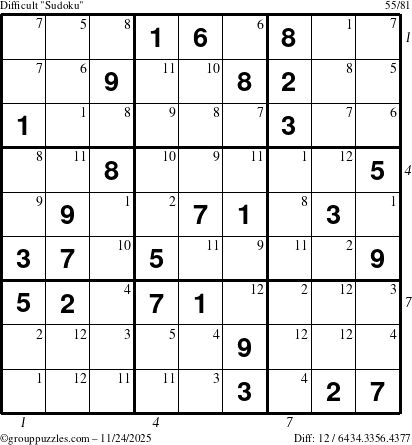 The grouppuzzles.com Difficult Sudoku puzzle for Monday November 24, 2025 with all 12 steps marked