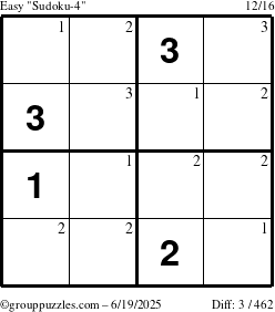 The grouppuzzles.com Easy Sudoku-4 puzzle for Thursday June 19, 2025 with the first 3 steps marked