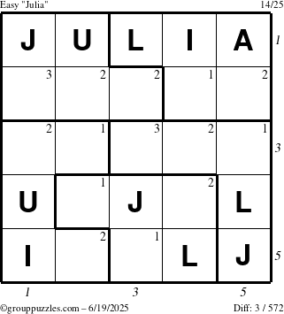 The grouppuzzles.com Easy Julia puzzle for Thursday June 19, 2025 with all 3 steps marked