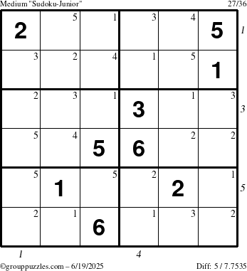 The grouppuzzles.com Medium Sudoku-Junior puzzle for Thursday June 19, 2025, suitable for printing, with all 5 steps marked