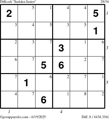 The grouppuzzles.com Difficult Sudoku-Junior puzzle for Thursday June 19, 2025 with all 8 steps marked
