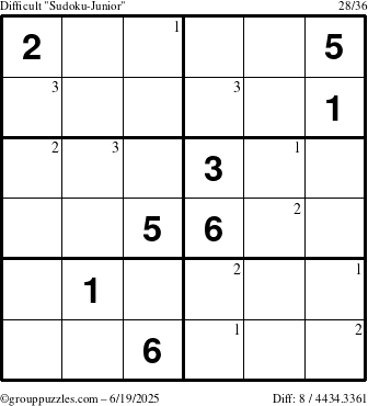 The grouppuzzles.com Difficult Sudoku-Junior puzzle for Thursday June 19, 2025 with the first 3 steps marked