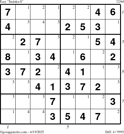 The grouppuzzles.com Easy Sudoku-8 puzzle for Thursday June 19, 2025, suitable for printing, with all 4 steps marked