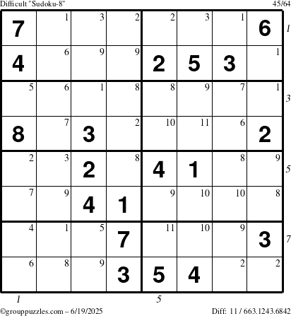 The grouppuzzles.com Difficult Sudoku-8 puzzle for Thursday June 19, 2025, suitable for printing, with all 11 steps marked