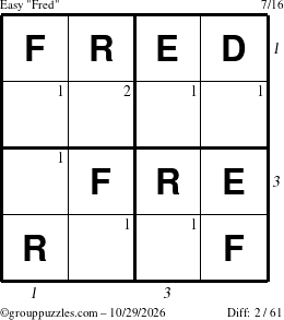 The grouppuzzles.com Easy Fred puzzle for Thursday October 29, 2026 with all 2 steps marked