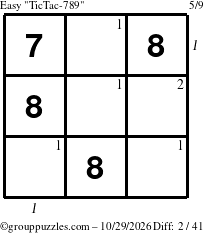 The grouppuzzles.com Easy TicTac-789 puzzle for Thursday October 29, 2026 with all 2 steps marked