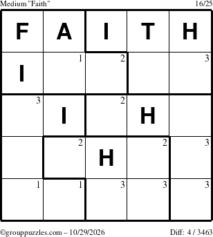 The grouppuzzles.com Medium Faith puzzle for Thursday October 29, 2026 with the first 3 steps marked