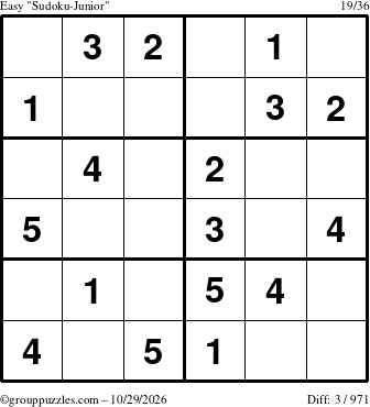 The grouppuzzles.com Easy Sudoku-Junior puzzle for Thursday October 29, 2026