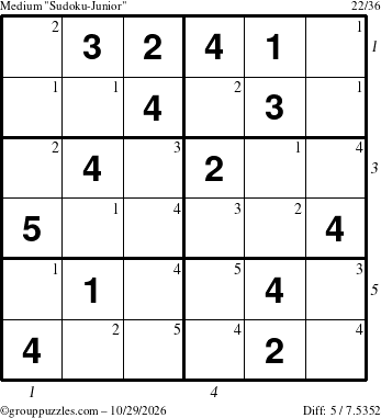 The grouppuzzles.com Medium Sudoku-Junior puzzle for Thursday October 29, 2026 with all 5 steps marked
