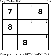 The grouppuzzles.com Easy TicTac-789 puzzle for Thursday October 29, 2026 with the first 2 steps marked