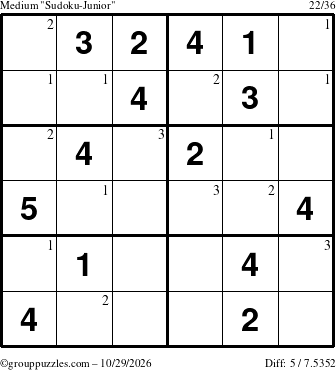 The grouppuzzles.com Medium Sudoku-Junior puzzle for Thursday October 29, 2026 with the first 3 steps marked