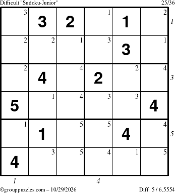The grouppuzzles.com Difficult Sudoku-Junior puzzle for Thursday October 29, 2026 with all 5 steps marked