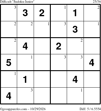 The grouppuzzles.com Difficult Sudoku-Junior puzzle for Thursday October 29, 2026 with the first 3 steps marked