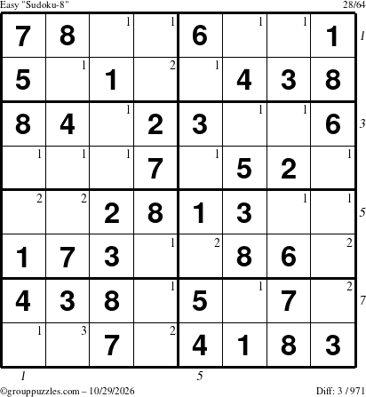 The grouppuzzles.com Easy Sudoku-8 puzzle for Thursday October 29, 2026, suitable for printing, with all 3 steps marked
