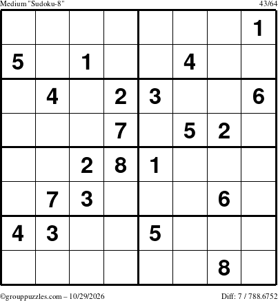 The grouppuzzles.com Medium Sudoku-8 puzzle for Thursday October 29, 2026