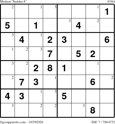 The grouppuzzles.com Medium Sudoku-8 puzzle for Thursday October 29, 2026 with the first 3 steps marked
