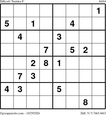 The grouppuzzles.com Difficult Sudoku-8 puzzle for Thursday October 29, 2026