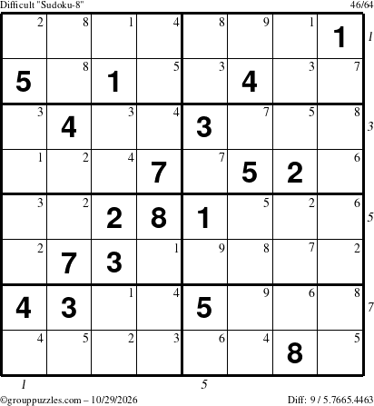 The grouppuzzles.com Difficult Sudoku-8 puzzle for Thursday October 29, 2026, suitable for printing, with all 9 steps marked