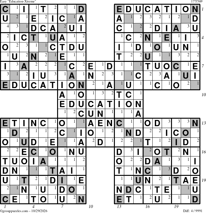 The grouppuzzles.com Easy Education-Xtreme puzzle for Thursday October 29, 2026, suitable for printing, with all 4 steps marked