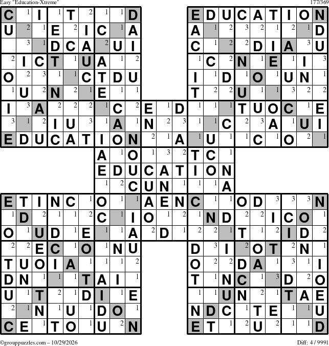 The grouppuzzles.com Easy Education-Xtreme puzzle for Thursday October 29, 2026 with the first 3 steps marked