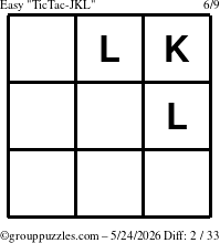 The grouppuzzles.com Easy TicTac-JKL puzzle for Sunday May 24, 2026
