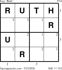 The grouppuzzles.com Easy Ruth puzzle for Sunday May 24, 2026, suitable for printing, with all 3 steps marked