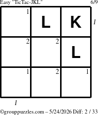 The grouppuzzles.com Easy TicTac-JKL puzzle for Sunday May 24, 2026 with all 2 steps marked