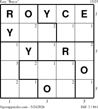 The grouppuzzles.com Easy Royce puzzle for Sunday May 24, 2026 with all 3 steps marked