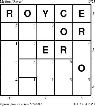 The grouppuzzles.com Medium Royce puzzle for Sunday May 24, 2026, suitable for printing, with all 6 steps marked