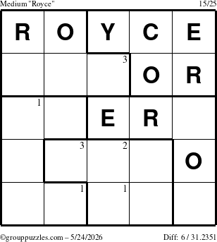 The grouppuzzles.com Medium Royce puzzle for Sunday May 24, 2026 with the first 3 steps marked