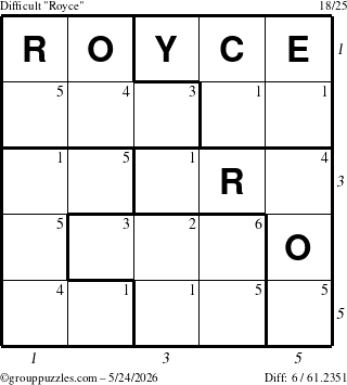 The grouppuzzles.com Difficult Royce puzzle for Sunday May 24, 2026, suitable for printing, with all 6 steps marked