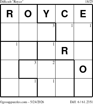 The grouppuzzles.com Difficult Royce puzzle for Sunday May 24, 2026 with the first 3 steps marked