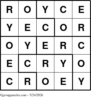 The grouppuzzles.com Answer grid for the Royce puzzle for Sunday May 24, 2026
