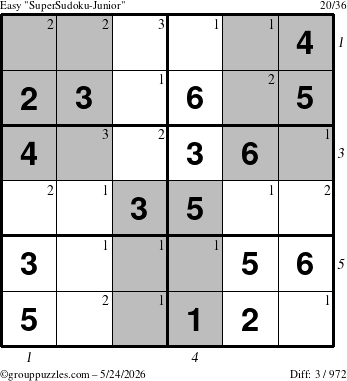 The grouppuzzles.com Easy SuperSudoku-Junior puzzle for Sunday May 24, 2026, suitable for printing, with all 3 steps marked