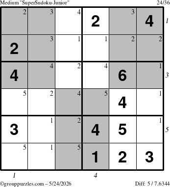 The grouppuzzles.com Medium SuperSudoku-Junior puzzle for Sunday May 24, 2026 with all 5 steps marked