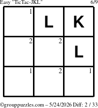 The grouppuzzles.com Easy TicTac-JKL puzzle for Sunday May 24, 2026 with the first 2 steps marked