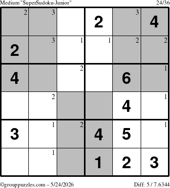 The grouppuzzles.com Medium SuperSudoku-Junior puzzle for Sunday May 24, 2026 with the first 3 steps marked