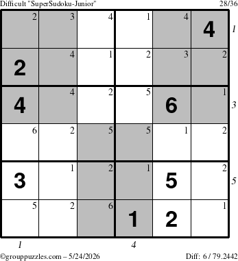 The grouppuzzles.com Difficult SuperSudoku-Junior puzzle for Sunday May 24, 2026 with all 6 steps marked