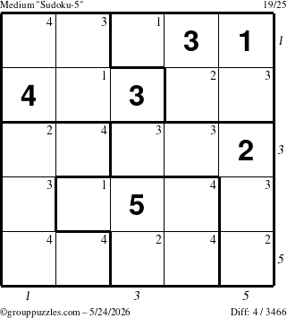 The grouppuzzles.com Medium Sudoku-5 puzzle for Sunday May 24, 2026, suitable for printing, with all 4 steps marked