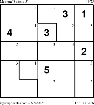 The grouppuzzles.com Medium Sudoku-5 puzzle for Sunday May 24, 2026 with the first 3 steps marked
