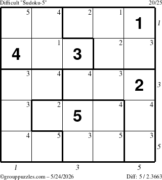 The grouppuzzles.com Difficult Sudoku-5 puzzle for Sunday May 24, 2026, suitable for printing, with all 5 steps marked