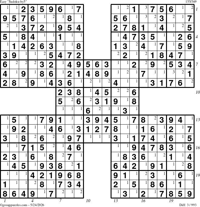 The grouppuzzles.com Easy Sudoku-by5 puzzle for Sunday May 24, 2026 with all 3 steps marked