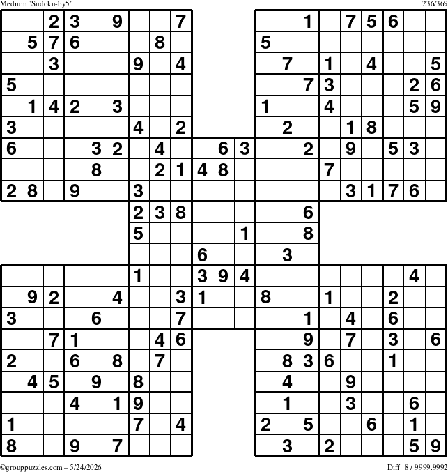 The grouppuzzles.com Medium Sudoku-by5 puzzle for Sunday May 24, 2026