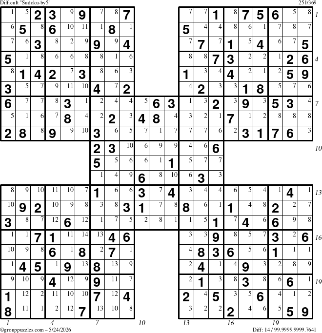 The grouppuzzles.com Difficult Sudoku-by5 puzzle for Sunday May 24, 2026, suitable for printing, with all 14 steps marked