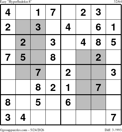 The grouppuzzles.com Easy HyperSudoku-8 puzzle for Sunday May 24, 2026