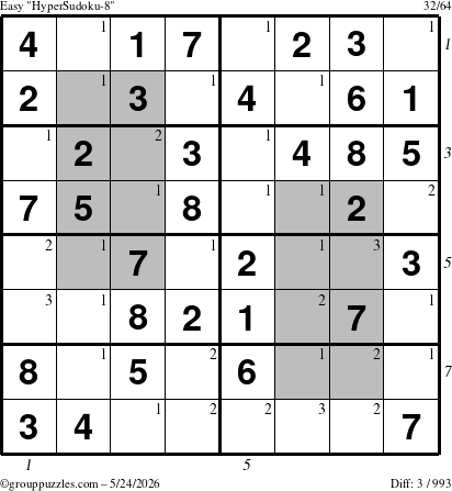 The grouppuzzles.com Easy HyperSudoku-8 puzzle for Sunday May 24, 2026, suitable for printing, with all 3 steps marked